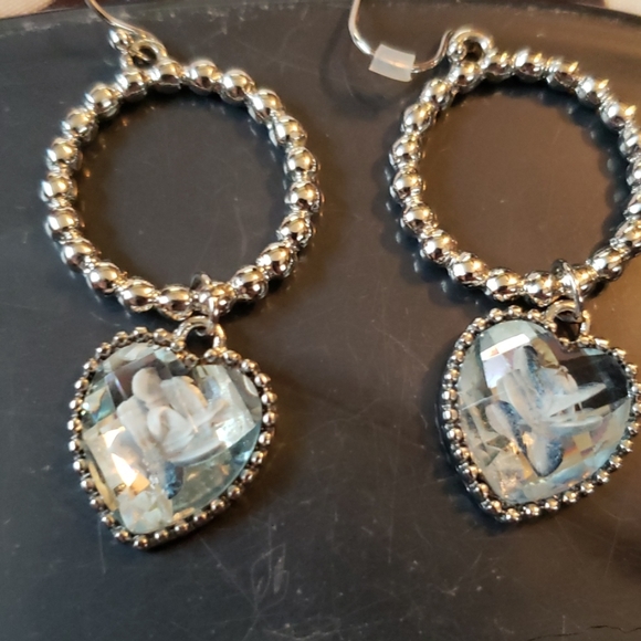 Silvertone Heart Encrusted Earrings - Picture 2 of 3